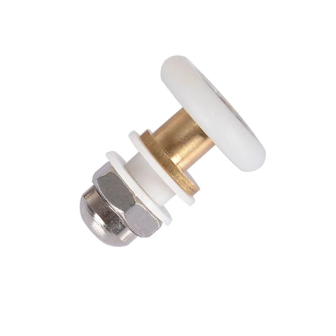 Close-up of a 25mm shower door roller with copper shaft, stainless steel and nylon build from 4PCS set for glass sliding doors.