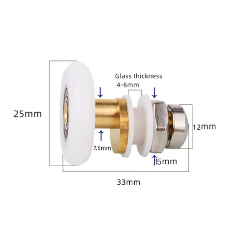 25mm Shower Door Rollers Ultra-Quiet Replacement Wheels, metal and nylon materials, side view showing dimensions for 4–6mm glass.
