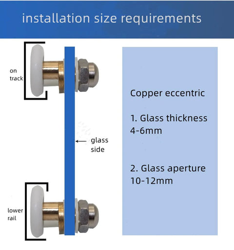 Installation diagram for 25mm Shower Door Rollers Ultra-Quiet Replacement Wheels 4PCS Set for Glass Sliding Doors, copper eccentric, glass thickness 4-6mm.