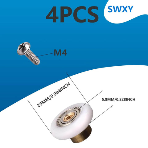 25mm Shower Door Rollers Replacement Runners 4PCS with Nylon Wheels and Brass Core, shown with M4 screw size indicators.