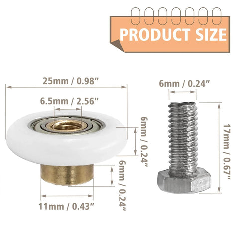 Dimensions of 25mm Shower Door Rollers 4PCS Replacement Set for Bathroom Glass Sliding Doors with bolt, copper, stainless steel, and plastic
