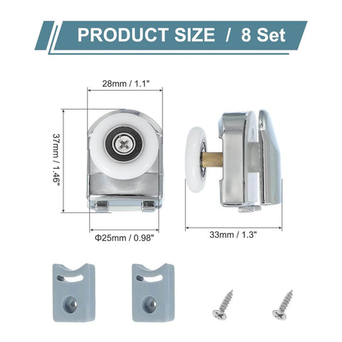 25mm shower door rollers replacement set with single runners wheels and pulleys, silver finish, with screws and anti collision block