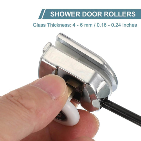 Close-up of 25mm shower door rollers replacement set with single runners wheels and pulleys, showing silver finish and anti collision block.