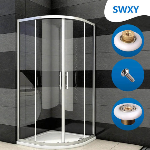 25mm Shower Door Rollers Replacement Runners 4PCS Sliding Wheels Set displayed with a glass shower enclosure.