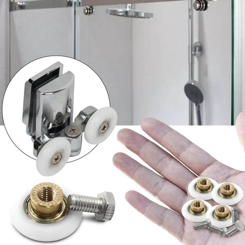 25mm Shower Door Rollers 4PCS Replacement Set for Bathroom Glass Sliding Doors with Smooth Quiet Runners Copper Stainless Steel and Plastic Wheels Easy Install with Screws, displayed in hand and installed on shower door