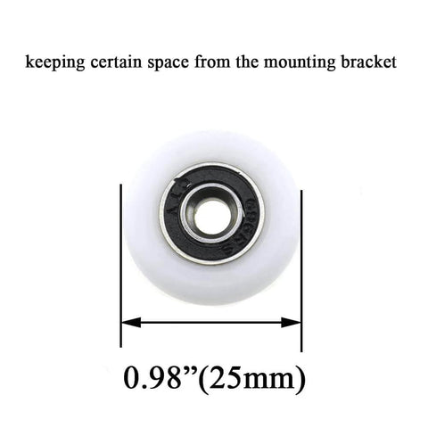 Front view of 25mm diameter bearing steel shower door wheel with nylon roller, showing size and components for smooth sliding.