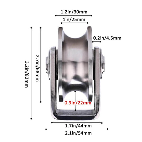 Pulley,Pulley Wheel, 2pcs Heavy Duty Track Pulley,304 Stainless Steel Translation Directional Roller shown front view