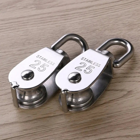 Two Pack 25mm 304 stainless steel pulley blocks with a 400 kg rating deliver reliable lifting, featuring rust resistant construction.