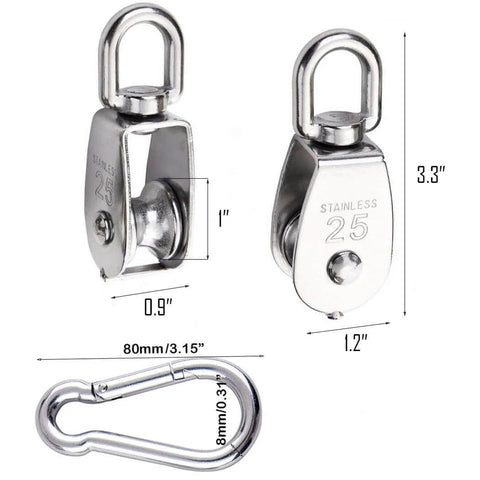 25MM Pulley System, 2 Pcs M25 Pulleys Block with Rope and Hooks, Stainless Steel M25 Single Pulley Wheel, 66ft Nylon Rope & Spring Snap Hook for Indoor Outdoor Lifting Project, showing dimensions