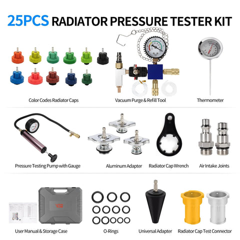 VTG VOGTEN 25PCS Radiator Pressure Tester Kit with gauge, vacuum purge tool, assorted radiator caps, adapters, and case