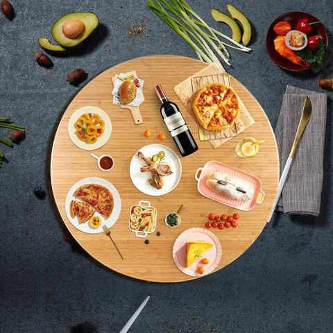 26 Inch Bamboo Large Lazy Susan for Dining Table with dishes, showcasing natural bamboo turntable and heavy duty metal hardware.