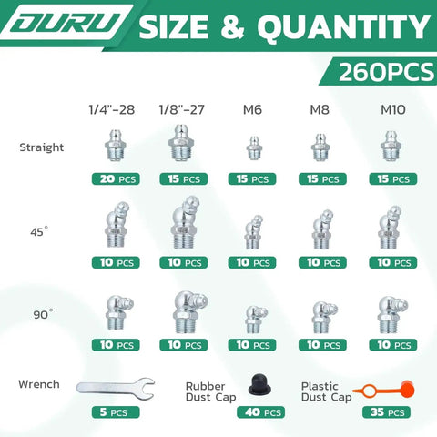 260-Piece Grease Fittings Kit For Grease Gun With SAE And Metric Zerk Fittings, Straight 45 Degree And 90 Degree Angles