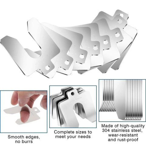 260 Piece 2 By 2 Inch Stainless Steel Slotted Shim Set With Storage Box 13 Thicknesses From 0.001 To 0.125 Inches For Leveling And Precision In Machining Woodworking Automotive Electrical Doors Motors And More showcasing smooth shims with layered view