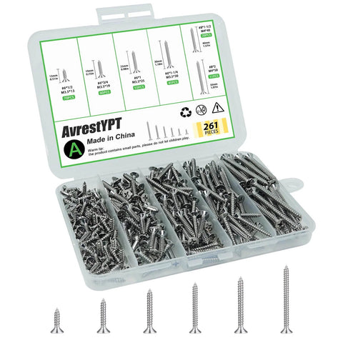 261pcs 304 Stainless Steel Wood Screws Assortment Kit in organized box, featuring Phillips flat head screws, 6 sizes for various projects.