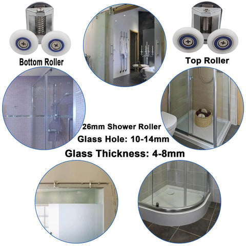 26mm Shower Door Rollers 4PCS Sliding Replacement Wheels Set with Double Twin Top and Bottom Runners for Curved Glass Shower Doors