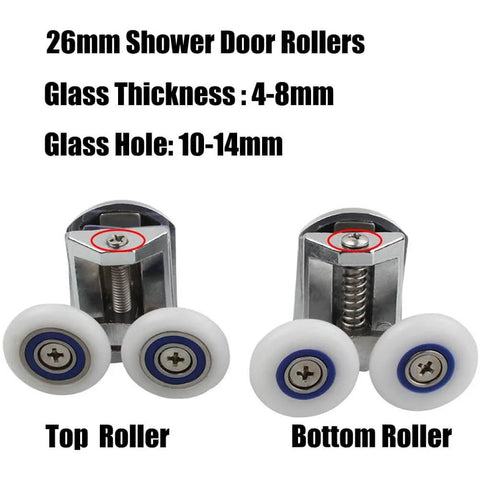 26mm Shower Door Rollers 4PCS Sliding Replacement Wheels Set with Double Twin Top and Bottom Runners for Curved Glass Shower Doors 6–8mm