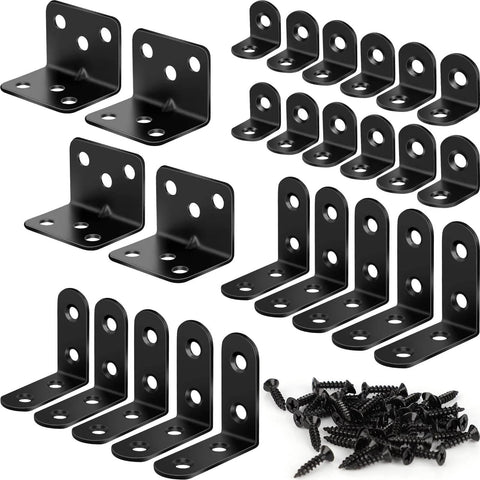 26PCS L Bracket Corner Brace Kit, 3 Sizes Stainless Steel L Brackets for Wood Shelves, 90 Degree Right Angle Bracket, Black Metal Corner Brackets