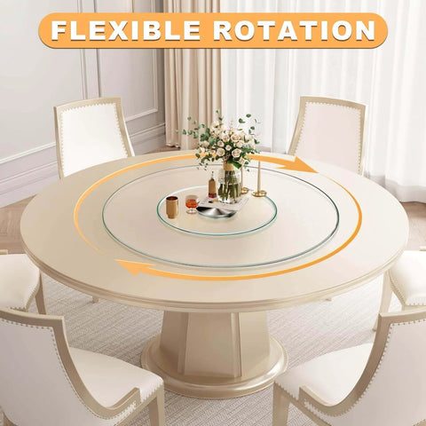 27 inch tempered glass lazy susan turntable with silent rotation on a dining table, showcasing flexible rotation.