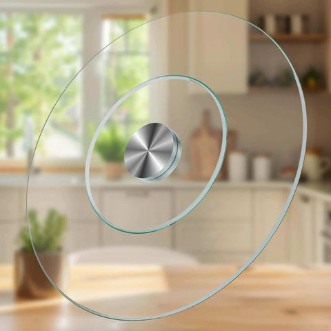 27 inch tempered glass lazy susan turntable with silent rotation, rotating serving tray in a bright kitchen setting.