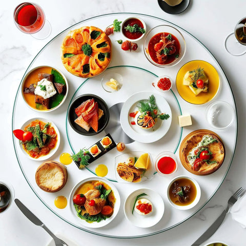 27 inch tempered glass lazy susan turntable with silent rotation featuring an array of dishes for dining tables.