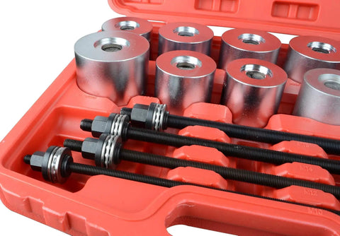 27 Piece Universal Press And Pull Sleeve Kit for bearing removal and installation in an orange case, showing spindles and metal sleeves