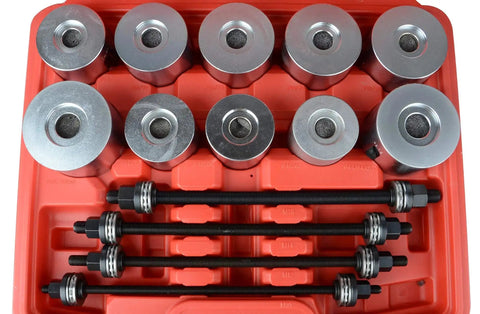 27 Piece Universal Press And Pull Sleeve Kit inside red case with metal sleeves and pulling spindles for bearing removal and installation