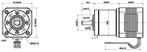 Technical drawing of 27:1 Planetary Gearbox Nema 17 Stepper Motor DIY CNC Hobby Camera Robotics with dimensions and wire connection.