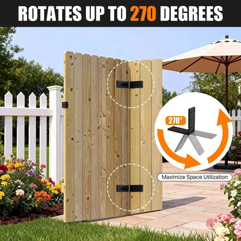 Wooden gate with Four Piece Heavy Duty Gate Hinges Set With 270 Degree Adjustable Butt Folding Design Iron Bifold Door Hardware.