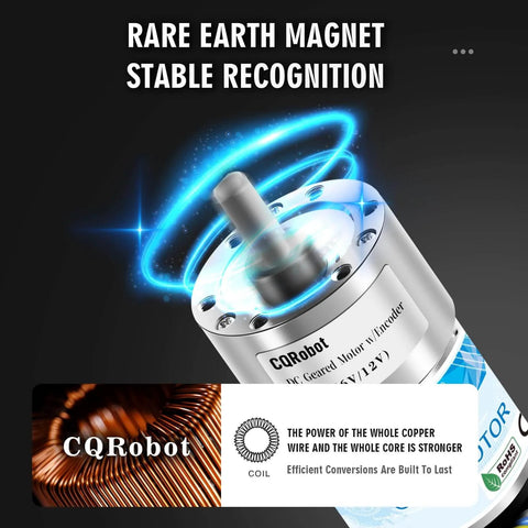 Close-up of 270:1 Metal DC Geared-Down Motor 37Dx72.5L mm 6V/12V showing rare earth magnet and stable recognition technology