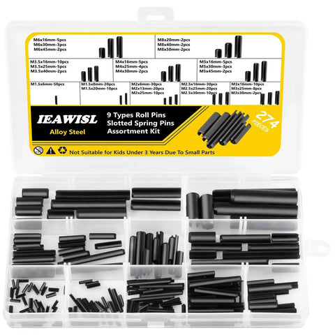 274 Piece Roll Pin Set Slotted Metric Pins 65Mn Steel in assorted sizes displayed in a storage case, ideal for home auto repair and DIY projects.