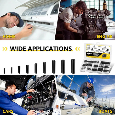 Collage of images showing a 274 Piece Roll Pin Set Slotted Metric Pins 65Mn Steel M1.5 M2 M2.5 M3 M3.5 M4 M5 M6 M8 For Home Auto Repair and applications in home, engine, cars, and boats