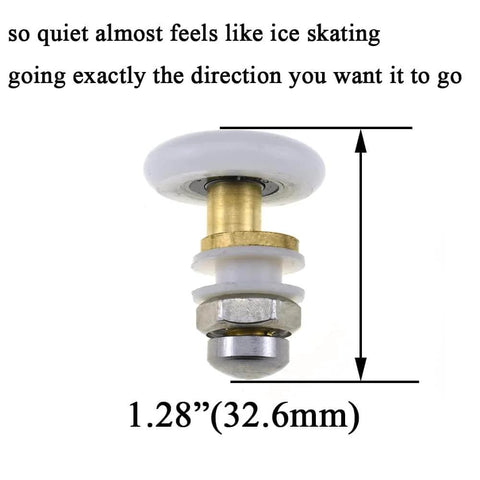 Close-up of 27mm diameter brass shower door wheels with nylon rollers, stainless steel screws and ball bearings, smooth rolling runner