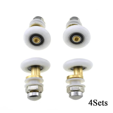 27mm diameter brass shower door wheels with nylon rollers, stainless steel screws, ball bearings, 4 sets displayed