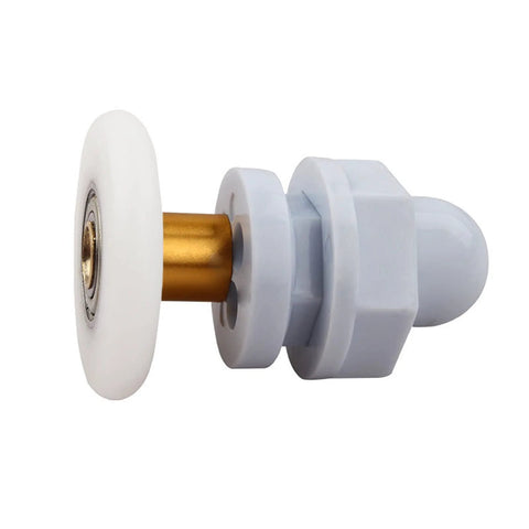 Side view of 4PCS 27mm shower door rollers replacement with copper rod pulley, nylon runner, and stainless steel hardware for glass doors