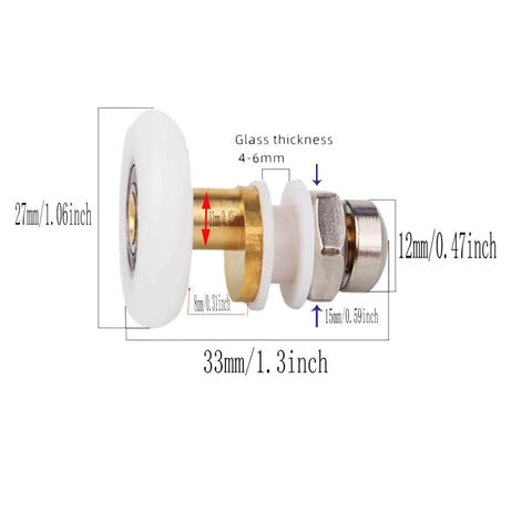 Detailed view of 27mm Shower Door Rollers Replacement Set 8PCS for Bathroom Glass Sliding Doors, copper and steel construction.