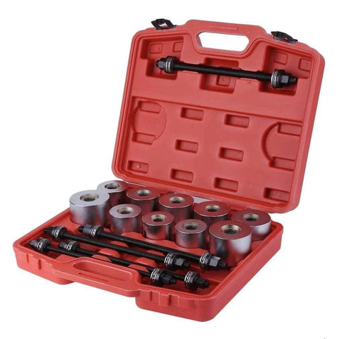 27 Pcs Universal Press & Pull Sleeve Kit Bush Bearing Removal Insertion Tool Set in red carrying case, opened view