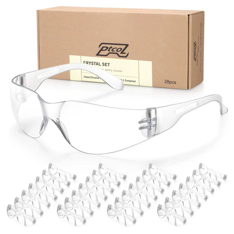 28 Pack Unisex Safety Glasses With Impact Resistant Lenses ANSI Z87.1 Certified, shown with packaging and individual glasses spread out