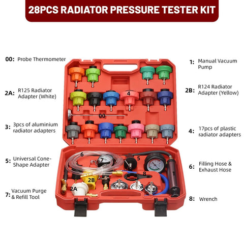 HZAUTOS 28-piece coolant vacuum refill kit with 23 radiator adapters and radiator pressure tester in red case.