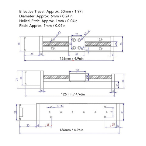 Technical diagram of 28 Stepper Motor Mini Linear Rail Slide Actuator, 50mm Stroke, X Y Z Stage with T Screw Rod, showing dimensions