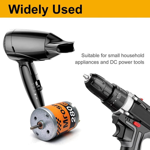 6Pcs 280 Micro DC Motors 3V-12V 13500RPM 0.5A with 2.8mm Insulated Connector shown with hairdryer and power drill