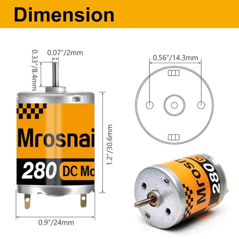 6Pcs 280 Micro DC Motors 3V-12V 13500RPM 0.5A with 2.8mm Insulated Connector & 6inch 20AWG Wire for RC Boat, DIY Airplane, Model Toys, 12V DC Motor Compatible showing dimension details