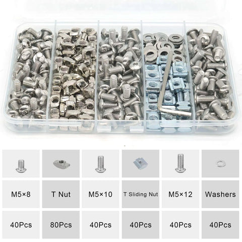 280 Pcs M5 T-Nuts and Screws Kit for 2020 Series Aluminum Extrusion with silver M5 nuts, screws, and washers.