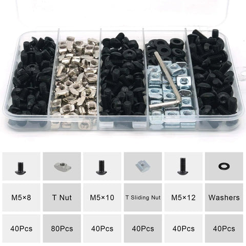 280 Pcs M5 T-Nut and Screw Kit for 2020 Series Aluminum Extrusion, showing black screws, nuts, and washers in organizer box.