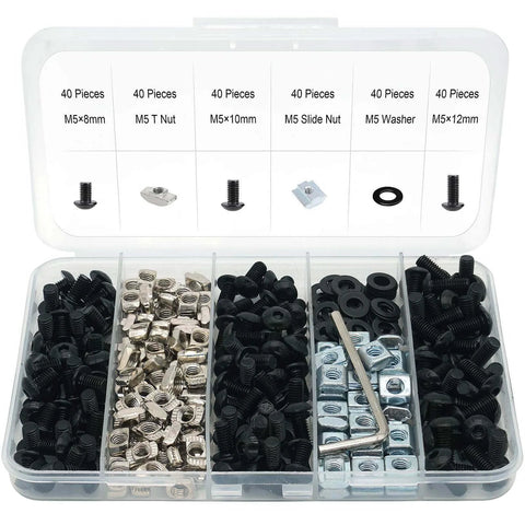 280 Pcs M5 T-Nut and Screw Kit for 2020 Series Aluminum Extrusion, carbon steel 6mm T-slot, including screws and nuts.