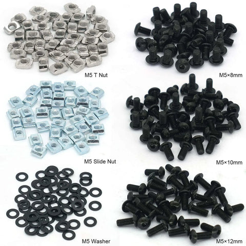 280 Pcs M5 T-Nut and Screw Kit for 2020 Series Aluminum Extrusion including M5 T nuts, screws, and washers arranged by size.