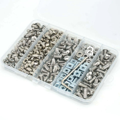 280 Pcs M5 T-Nuts and Screws Kit for 2020 Series Aluminum Extrusion, organized silver hardware in a clear case.