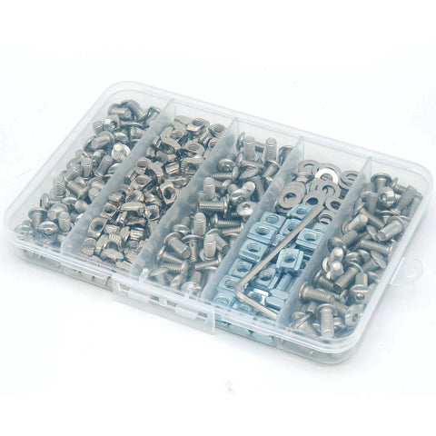 280 Pcs M5 T-Nuts and Screws Kit for 2020 Series Aluminum Extrusion in a clear storage case, includes silver hardware.