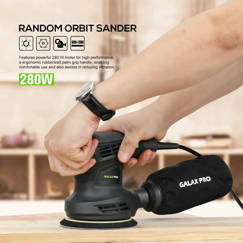 280W Orbital Sander 13000 RPM With Dust Collection And 15 Discs in use, showing ergonomic grip and dust bag attachment.