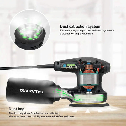 Cutaway view of 280W Orbital Sander 13000 RPM With Dust Collection And 15 Discs, showing dust extraction system and dust bag.