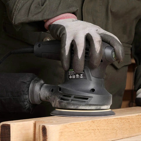 280W Orbital Sander 13000 RPM With Dust Collection And 15 Discs in use on wood surface